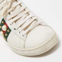 Gucci White Leather Pearl Embellished and Studded Ace Sneakers Size 35