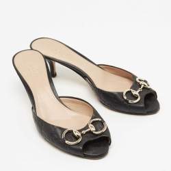 Pre Owned Gucci Black Guccissima Leather Horsebit Slide Sandals Size 38.5