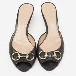 Pre Owned Gucci Black Guccissima Leather Horsebit Slide Sandals Size 38.5