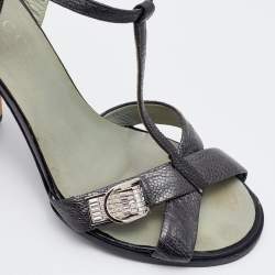 Prada Deep Green Ostrich Leather Ankle Strap Block Heel Sandals Size 36