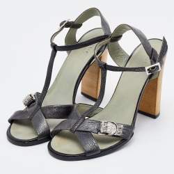 Prada Deep Green Ostrich Leather Ankle Strap Block Heel Sandals Size 36