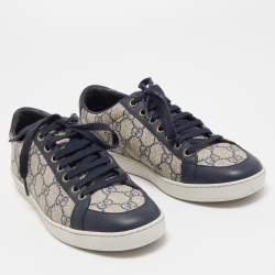 Gucci Beige/Navy Blue GG Supreme Canvas and Leather Low Top Sneakers Size 36