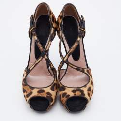 Pre Owned صندل غوتشي شعر حصان مطبوع نقشة الفهد بني/أسود مقدمة مفتوحة نعل سميك مقاس 39