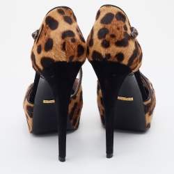 Pre Owned صندل غوتشي شعر حصان مطبوع نقشة الفهد بني/أسود مقدمة مفتوحة نعل سميك مقاس 39