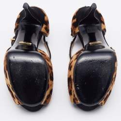 Pre Owned صندل غوتشي شعر حصان مطبوع نقشة الفهد بني/أسود مقدمة مفتوحة نعل سميك مقاس 39