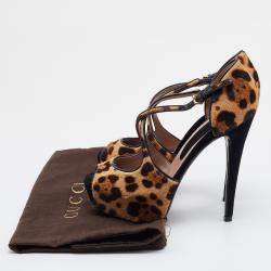 Pre Owned صندل غوتشي شعر حصان مطبوع نقشة الفهد بني/أسود مقدمة مفتوحة نعل سميك مقاس 39