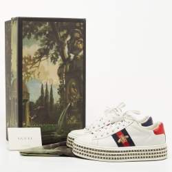 Gucci White Leather And Bee Web Detail New Ace Crystal Embellished Platform Sneakers Size 35