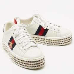 Gucci White Leather And Bee Web Detail New Ace Crystal Embellished Platform Sneakers Size 35