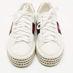 Gucci White Leather And Bee Web Detail New Ace Crystal Embellished Platform Sneakers Size 35