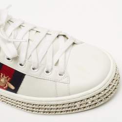 Gucci White Leather And Bee Web Detail New Ace Crystal Embellished Platform Sneakers Size 35