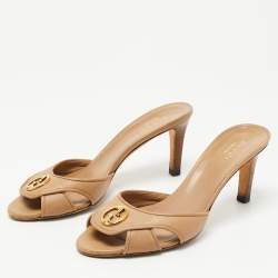 Gucci Brown Leather Interlocking G Buckle Slide Sandals Size 35.5