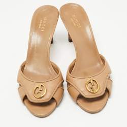 Gucci Brown Leather Interlocking G Buckle Slide Sandals Size 35.5