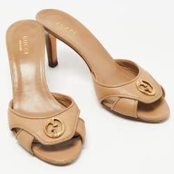 Gucci Brown Leather Interlocking G Buckle Slide Sandals Size 35.5
