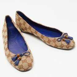 Pre Owned Gucci Brown GG Canvas Bamboo Bow Tassel Ballet Flats Size 38.5