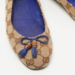 Pre Owned Gucci Brown GG Canvas Bamboo Bow Tassel Ballet Flats Size 38.5