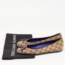 Pre Owned Gucci Brown GG Canvas Bamboo Bow Tassel Ballet Flats Size 38.5