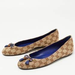 Pre Owned Gucci Brown GG Canvas Bamboo Bow Tassel Ballet Flats Size 38.5