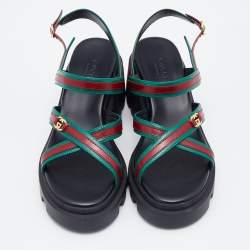 Pre Owned Gucci Green/Red Leather Lug Platform Slingback Sandals Size 36.5