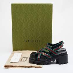 Pre Owned Gucci Green/Red Leather Lug Platform Slingback Sandals Size 36.5
