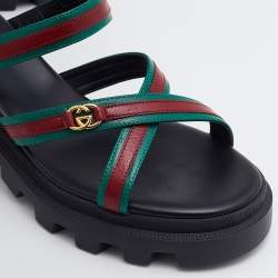 Pre Owned Gucci Green/Red Leather Lug Platform Slingback Sandals Size 36.5