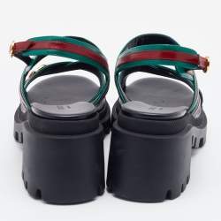 Pre Owned Gucci Green/Red Leather Lug Platform Slingback Sandals Size 36.5