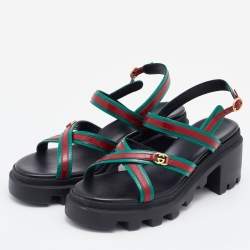Pre Owned Gucci Green/Red Leather Lug Platform Slingback Sandals Size 36.5