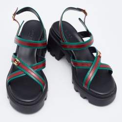 Pre Owned Gucci Green/Red Leather Lug Platform Slingback Sandals Size 36.5