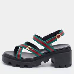 Pre Owned Gucci Green/Red Leather Lug Platform Slingback Sandals Size 36.5