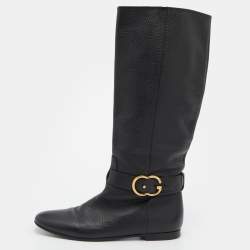 Pre Owned Gucci Black Leather Knee Length Boots Size 38.5