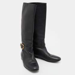 Pre Owned Gucci Black Leather Knee Length Boots Size 38.5