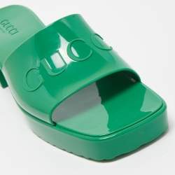 Pre Owned Gucci Green Rubber Embossed Logo Block Heel Slide Sandals Size 42