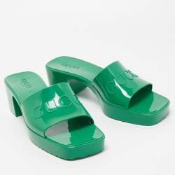 Pre Owned Gucci Green Rubber Embossed Logo Block Heel Slide Sandals Size 42