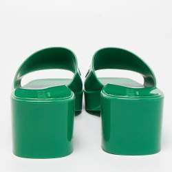Pre Owned Gucci Green Rubber Embossed Logo Block Heel Slide Sandals Size 42
