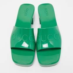 Pre Owned Gucci Green Rubber Embossed Logo Block Heel Slide Sandals Size 42