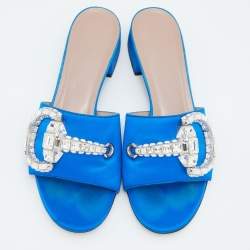 Gucci Blue Satin Crystal Horsebit Maxime Slide Sandals Size 38