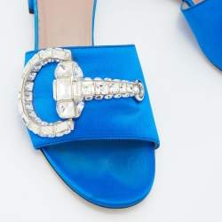 Gucci Blue Satin Crystal Horsebit Maxime Slide Sandals Size 38