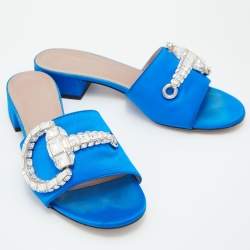 Gucci Blue Satin Crystal Horsebit Maxime Slide Sandals Size 38
