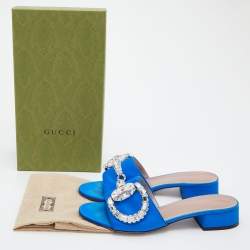 Gucci Blue Satin Crystal Horsebit Maxime Slide Sandals Size 38