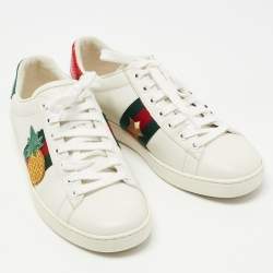 Pre Owned Gucci White/Red Leather and Snake Embossed Leather Ace Pineapple Sneakers Size 37