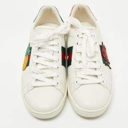 Pre Owned Gucci White/Red Leather and Snake Embossed Leather Ace Pineapple Sneakers Size 37