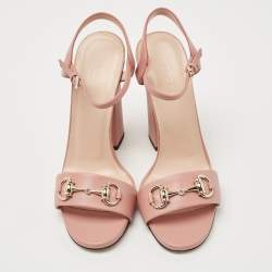 Gucci Pink Leather Horsebit Block Heel  Sandals Size 37.5