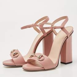 Gucci Pink Leather Horsebit Block Heel  Sandals Size 37.5