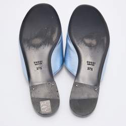Gucci Metallic Blue Leather Horsebit Crystal Embellished Flat Slides Size 37.5