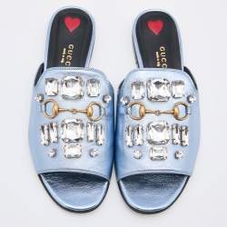 Gucci Metallic Blue Leather Horsebit Crystal Embellished Flat Slides Size 37.5