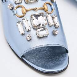 Gucci Metallic Blue Leather Horsebit Crystal Embellished Flat Slides Size 37.5
