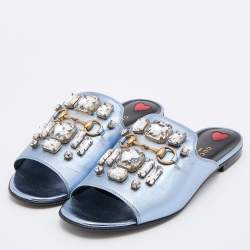 Gucci Metallic Blue Leather Horsebit Crystal Embellished Flat Slides Size 37.5