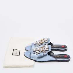 Gucci Metallic Blue Leather Horsebit Crystal Embellished Flat Slides Size 37.5