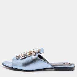 Gucci Metallic Blue Leather Horsebit Crystal Embellished Flat Slides Size 37.5