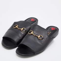 Pre Owned Gucci Black Leather Malaga Horsebit Flat Slides Size 38