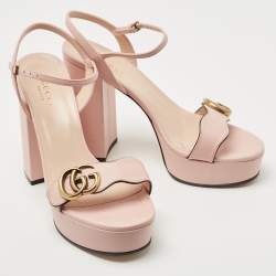 Gucci Pink Leather GG Marmont Block Heel Ankle Strap Platform Sandals Size 37